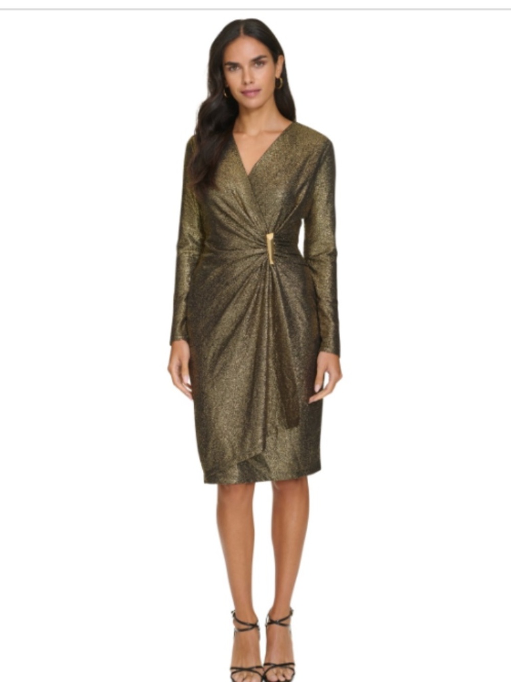 Calvin Klein Petite Metallic Faux-Wrap Sheath Dress - Black Gold
